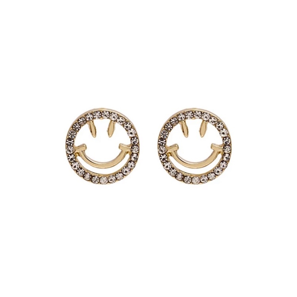 18k Gold Smiley Face Cubic Zirconia Earrings - Picture 2 of 3
